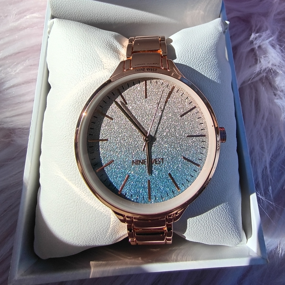 NEW BATTERY! Nine West Shimmery Blue Ombre Rose Gold Bracelet Watch